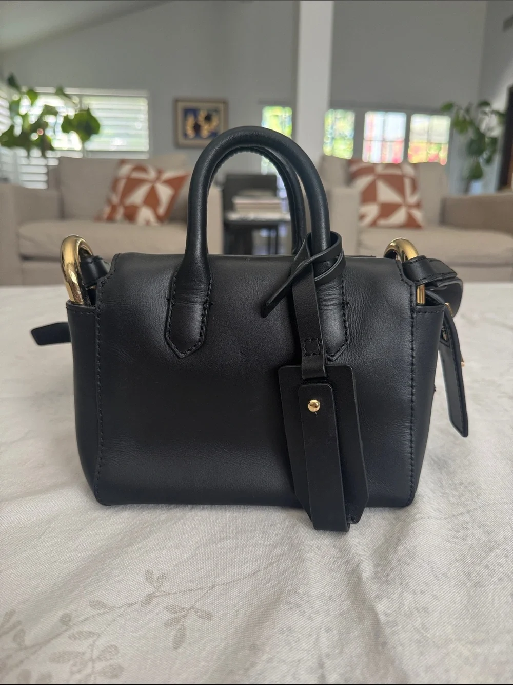 Black Leather Crossbody Satchel - Unbranded